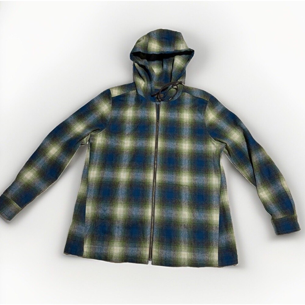 Pendleton 100% Virgin Wool Boyfriend Hoodie Jacket Zip Green Plaid Womens L P